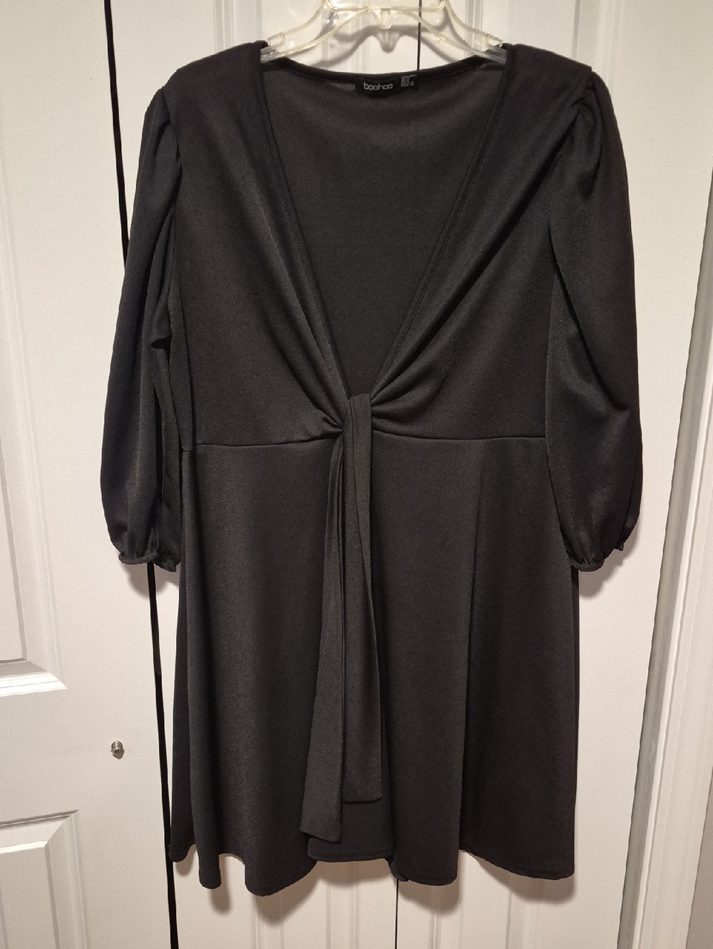 Boohoo Black Tie-Front Mini Dress with Puffed Sleeves